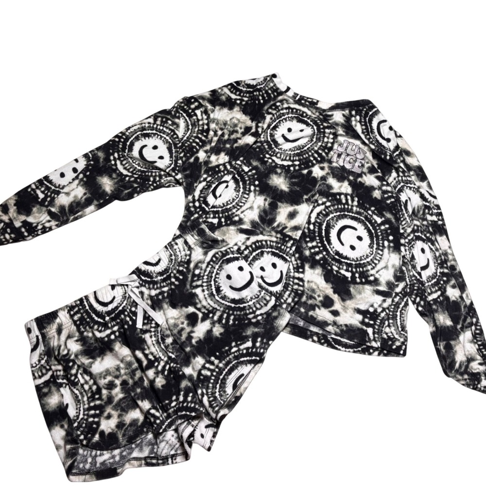 Justice Pajama Set Black White Tie Dye Smiley Face Loungewear Kids XL 18/20